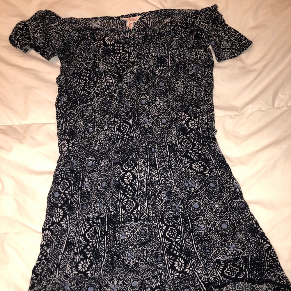 black, blue, and white romper